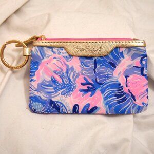 Lilly Pulitzer Pink Gold & Blue Zip Card Case Keychain Coin Pouch, ID Holder